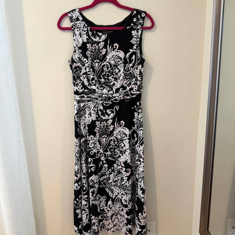 Connected Apparel Black White Damask Floral Ruched‎ Midi Dress TKF92571M Mens 10
